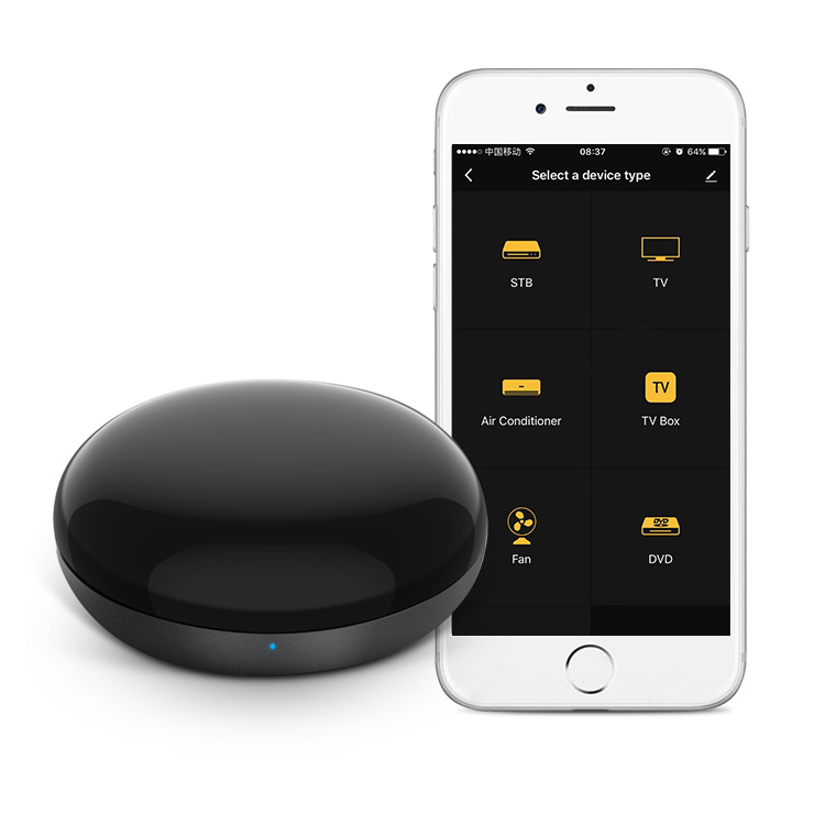 Wi-Fi IR hub next to a phone with the control app open