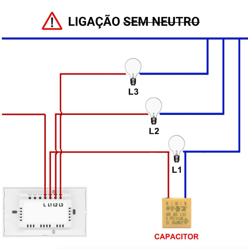 Esquema de conexión sin neutro: interruptor de tres canales conectado a tres lámparas, con un capacitor en paralelo con la lámpara L1