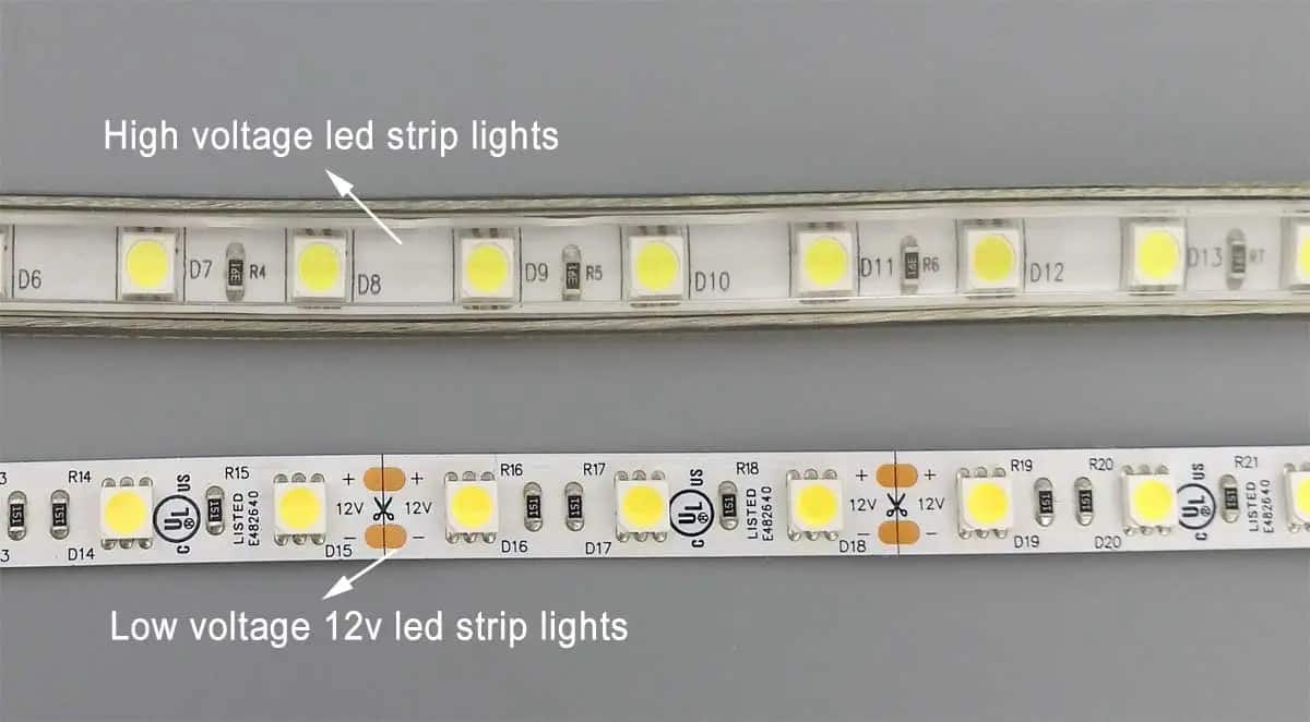 Comparison between a high-voltage LED strip and a 12 V low-voltage strip