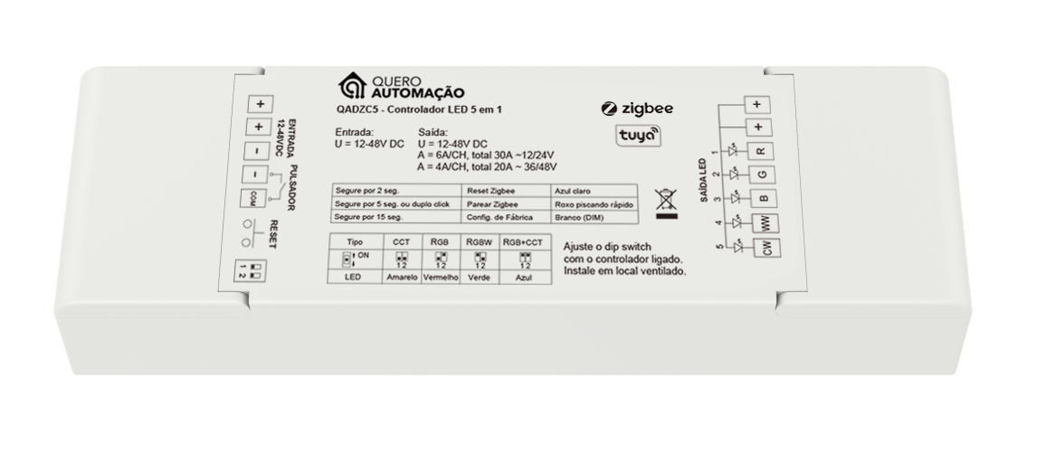 QA's QADZC5 5-in-1 Zigbee LED controller, with its specifications label