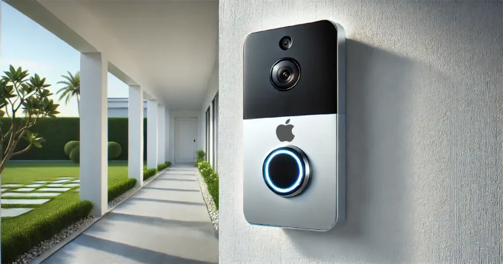 Ilustración conceptual de un timbre con cámara y el logo de Apple en la pared de una casa