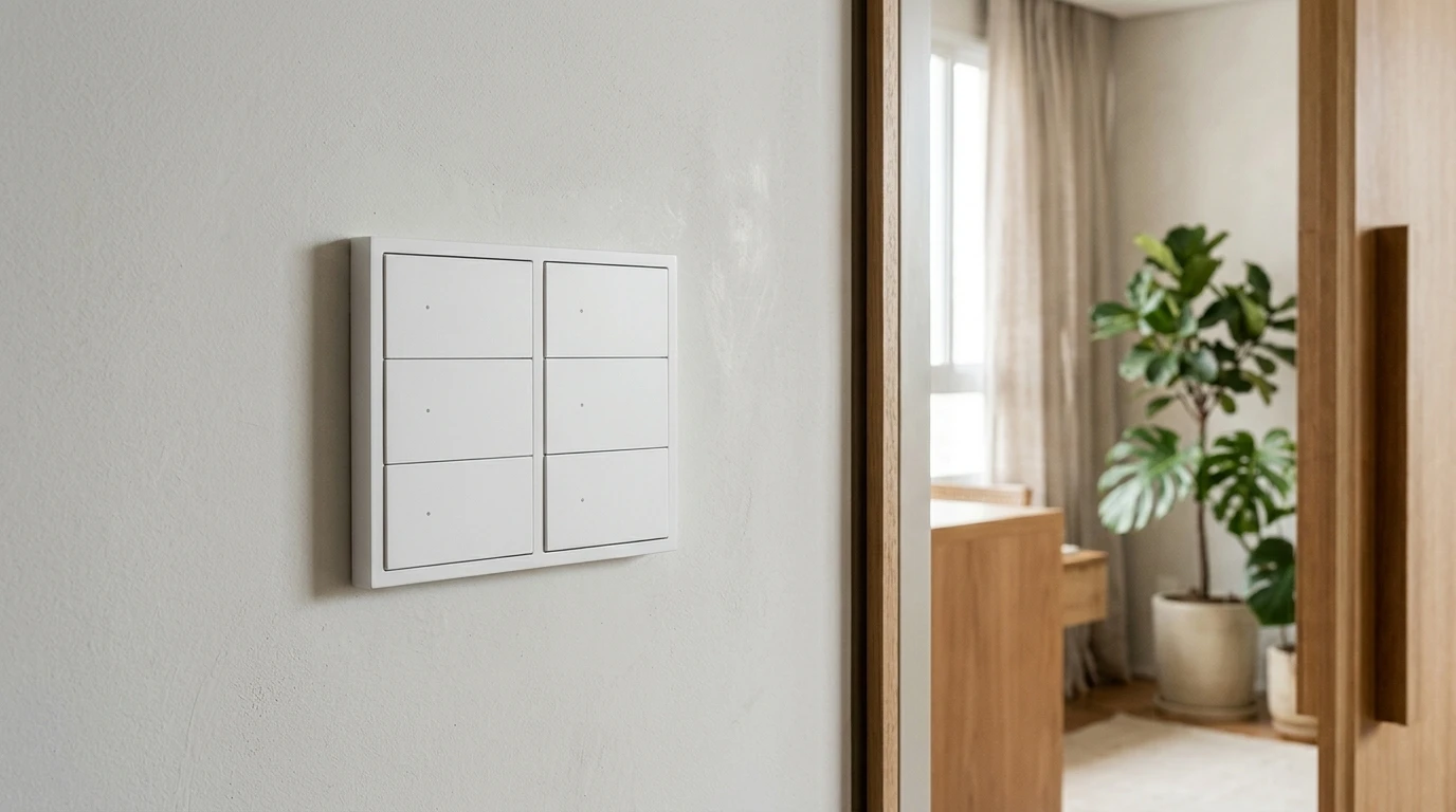 White automation panel with six buttons installed on a light wall, with an integrated room and plant in the background.